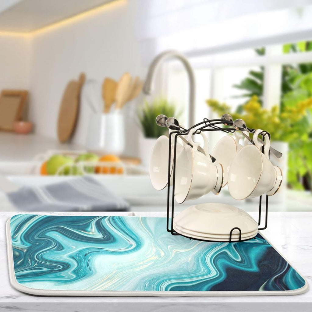 Blue Abstract Marble Dish Drying Mat, 16x18Inch D5149