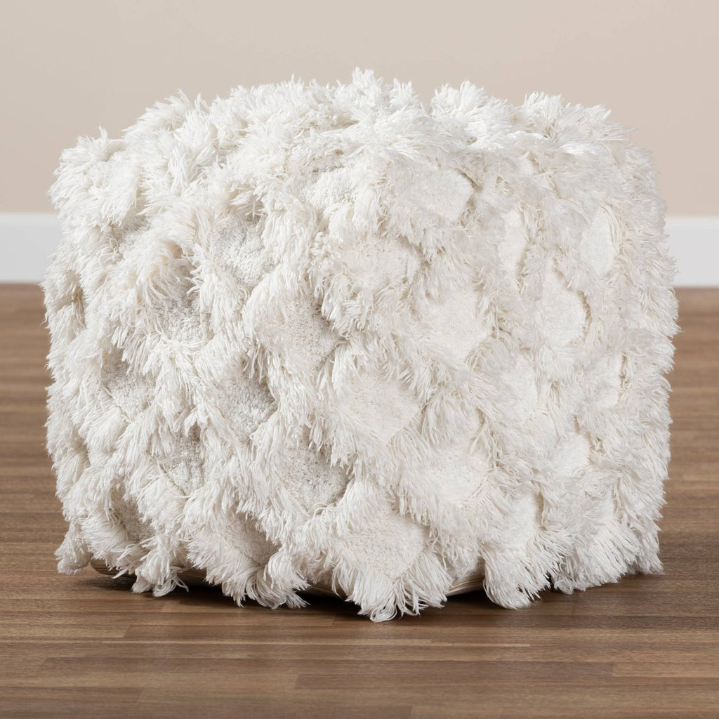 Ivory Handwoven Cotton Fringe Pouf Ottoman S5558