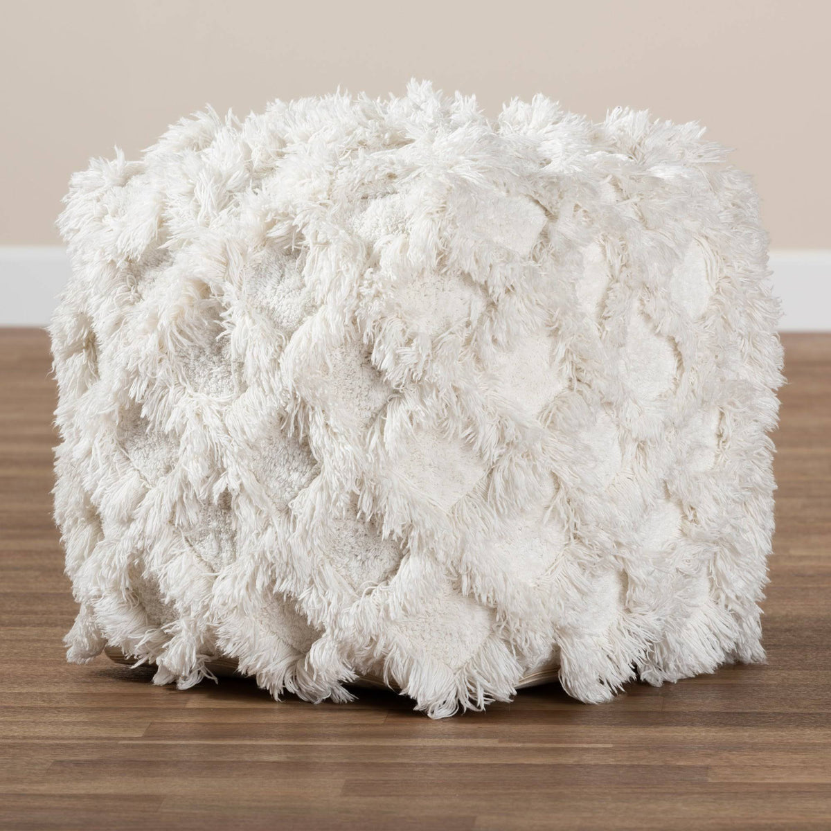 Ivory Handwoven Cotton Fringe Pouf Ottoman S5558
