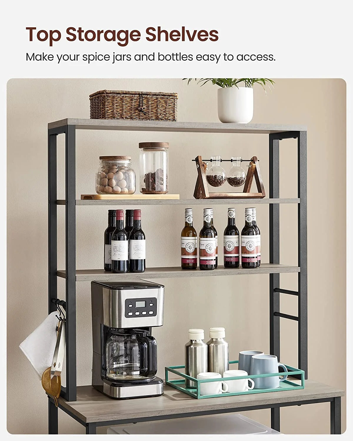 Coffee Bar with Storage, 6-Tier Kitchen Shelves with 6 Hooks, Greige and Black S276