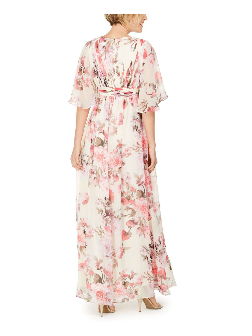 Ivory Ruched Floral Bell Sleeve V Neck Maxi Dress O663745