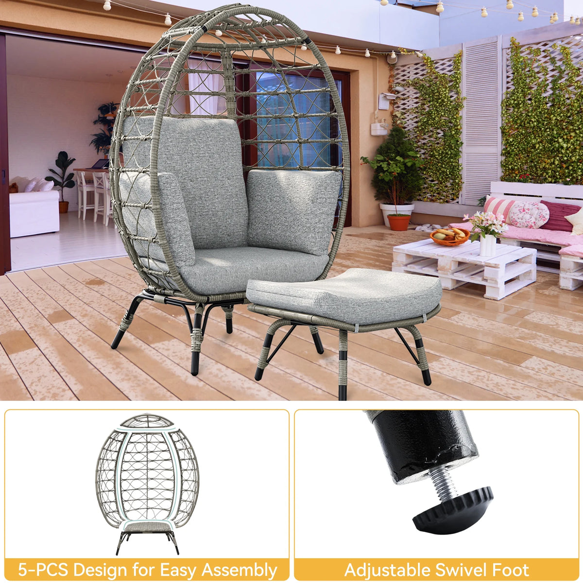 Gray Wicker Egg Chair with Ottoman E674