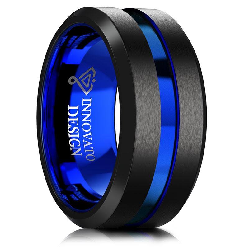 10mm Black Matte Finish Tungsten Carbide Ring Blue Beveled Edge Wedding Band M915644