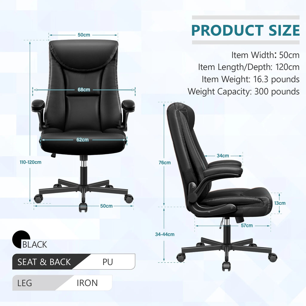 Black Leather Ergonomic Executive Office Chair with Adjustable Flip-Up Arms V195