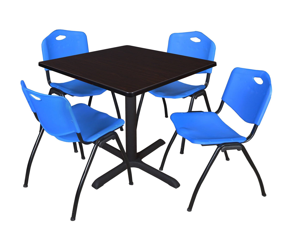 42x22 Square Breakroom Table Mocha Walnut 4 Stack Chairs Blue D20685