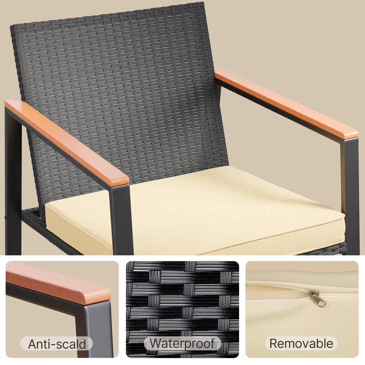 Beige Rattan Wicker Patio Rocking Chair Set with Coffee Table N1682