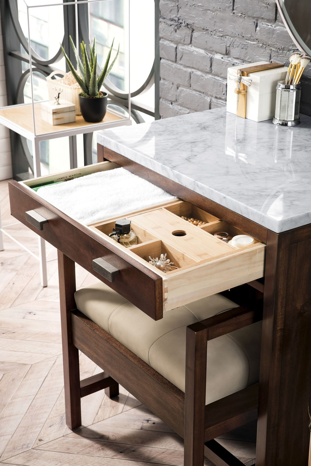 Mid Century Acacia Makeup Countertop Unit with Marble Top U8063