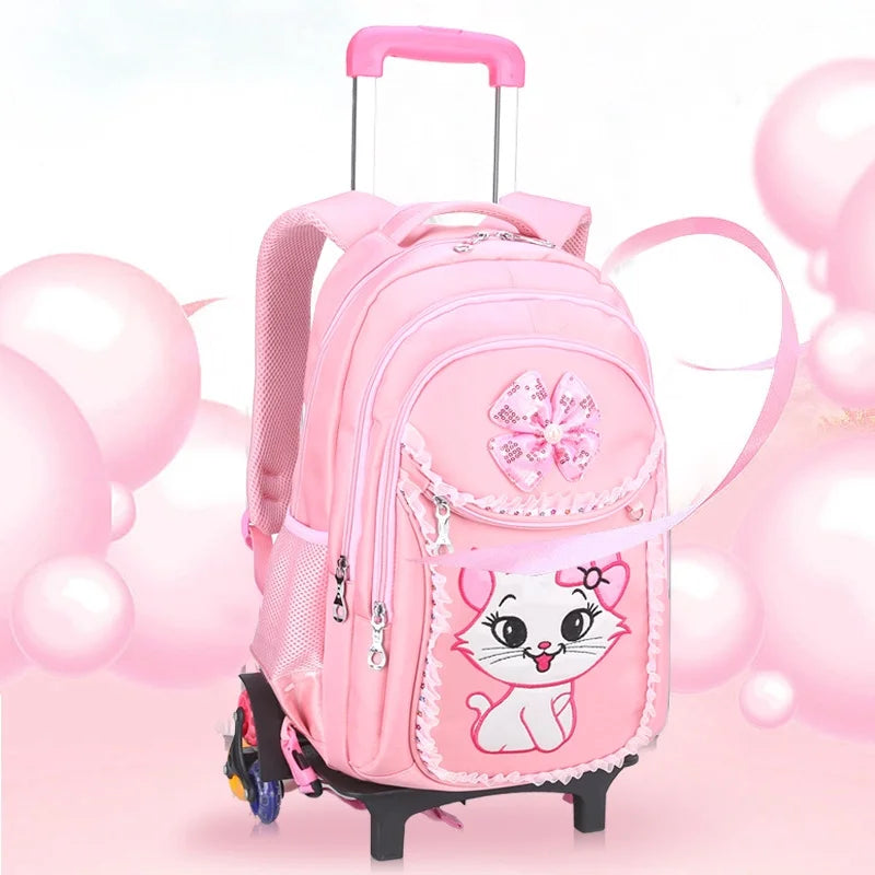 Pink Kids Rolling Backpack with Cartoon Cat S855715