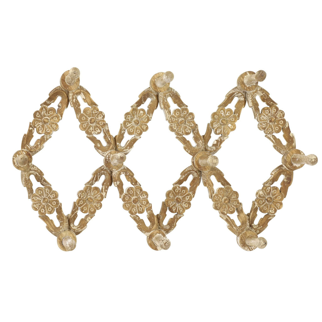 Large Natural Wood Wall Hook Accordion Rack with 10 Wood Pegs V85916