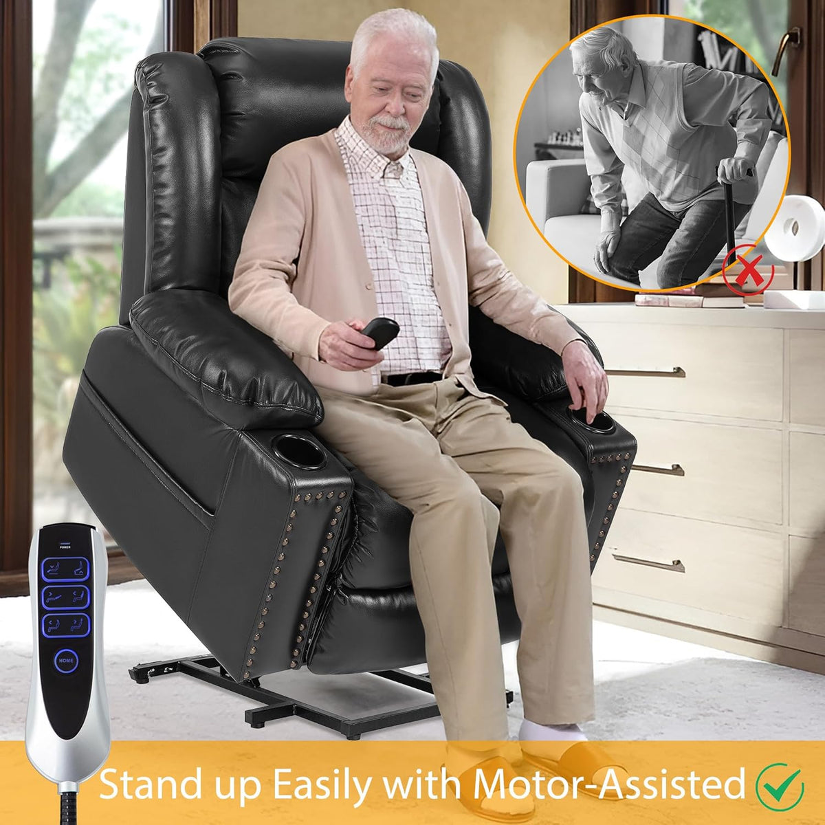 Black Large Power Lift Recliner Chair with Heat and Massage A25485