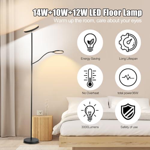 36W 3000LM LED Tall Floor Lamp with Dimmable Reading Light V1135