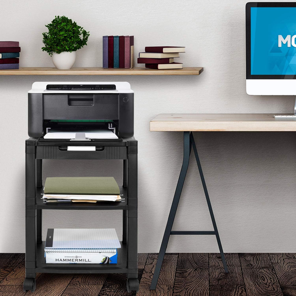 Black 3 Tier Rolling Printer Stand with Drawer D8452