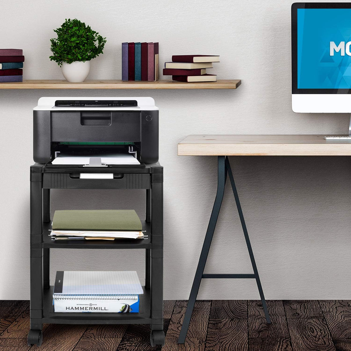 Black 3 Tier Rolling Printer Stand with Drawer D8452