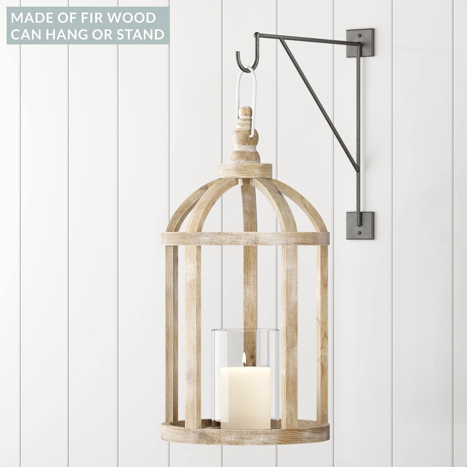 Large Whitewash Wooden Lantern Candle Holder A7042