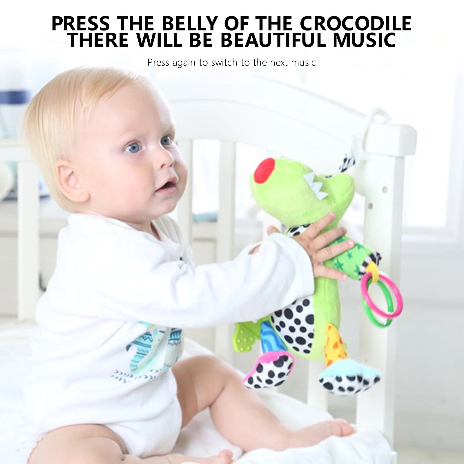 Baby Car Seat Toys with 32 Music and Teether, Infant Soft Plush Rattle, Hanging Stroller Croc-Odile Toys P777717