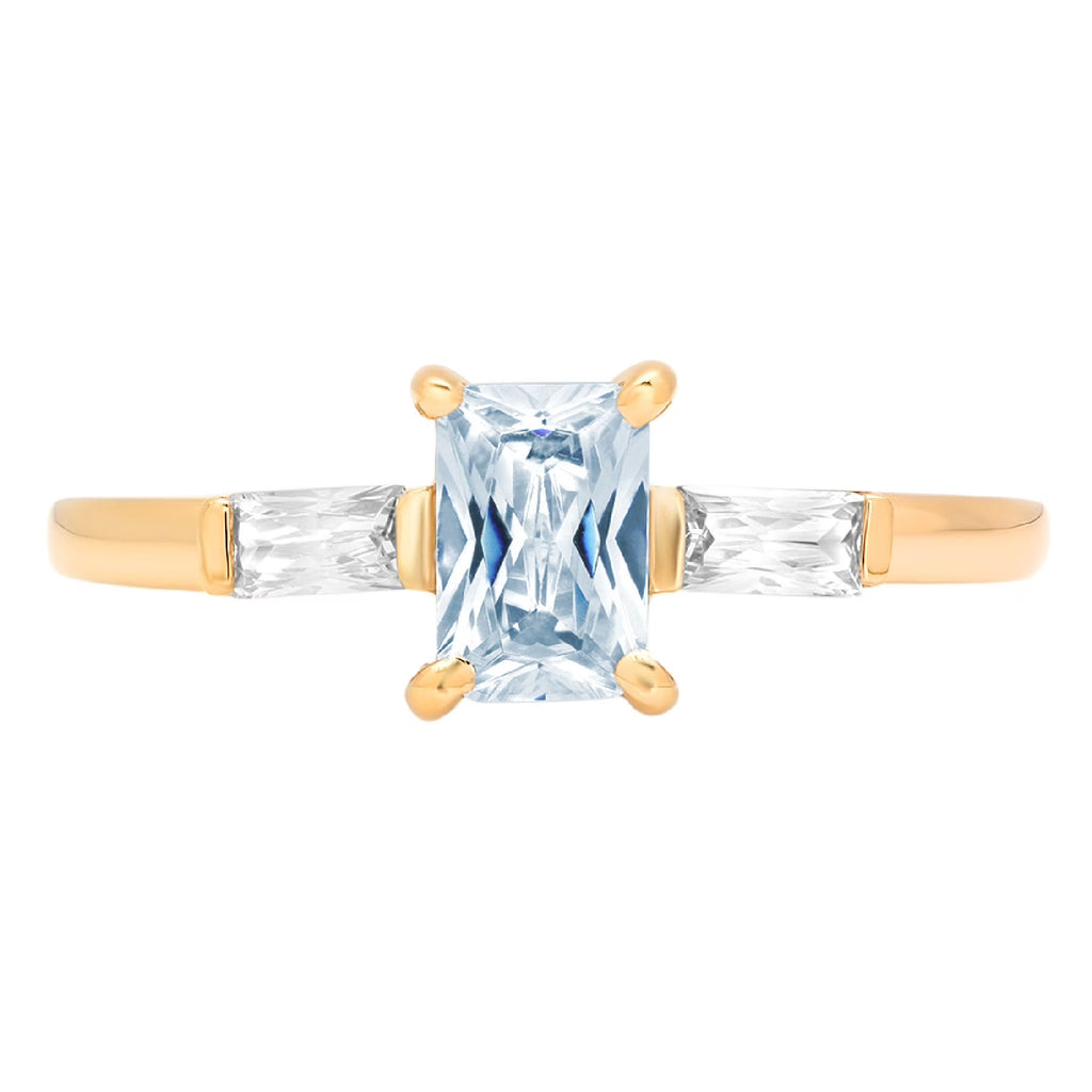 Emerald Cut Blue Topaz 18k Yellow Gold Three-Stone Ring Size 3.5 C686