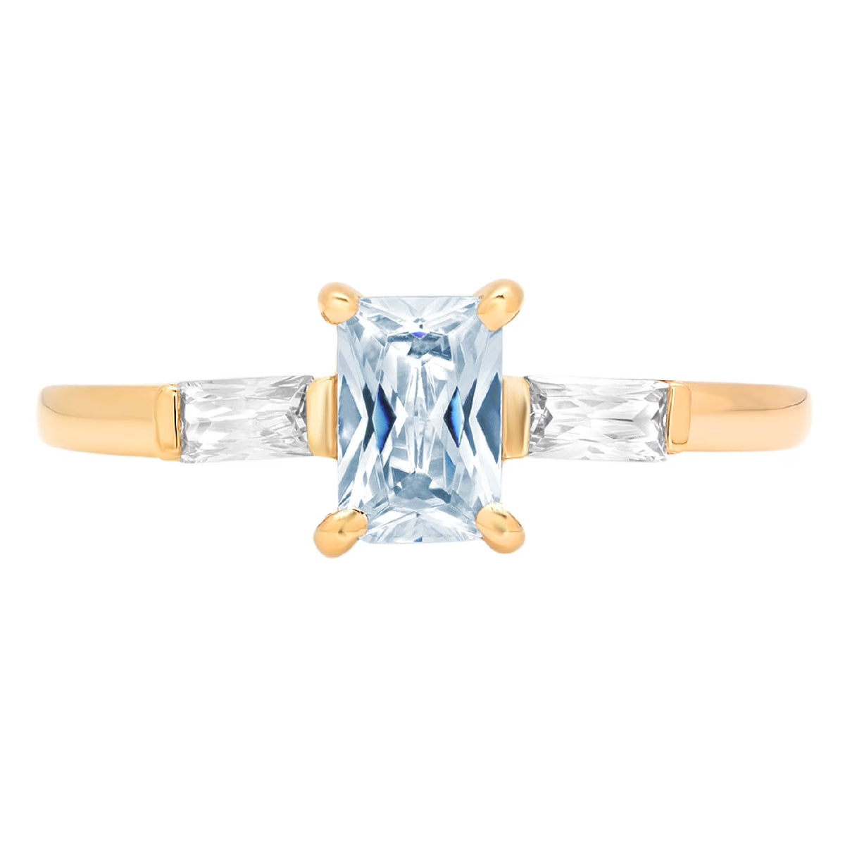 Emerald Cut Blue Topaz 18k Yellow Gold Three-Stone Ring Size 3.5 C686