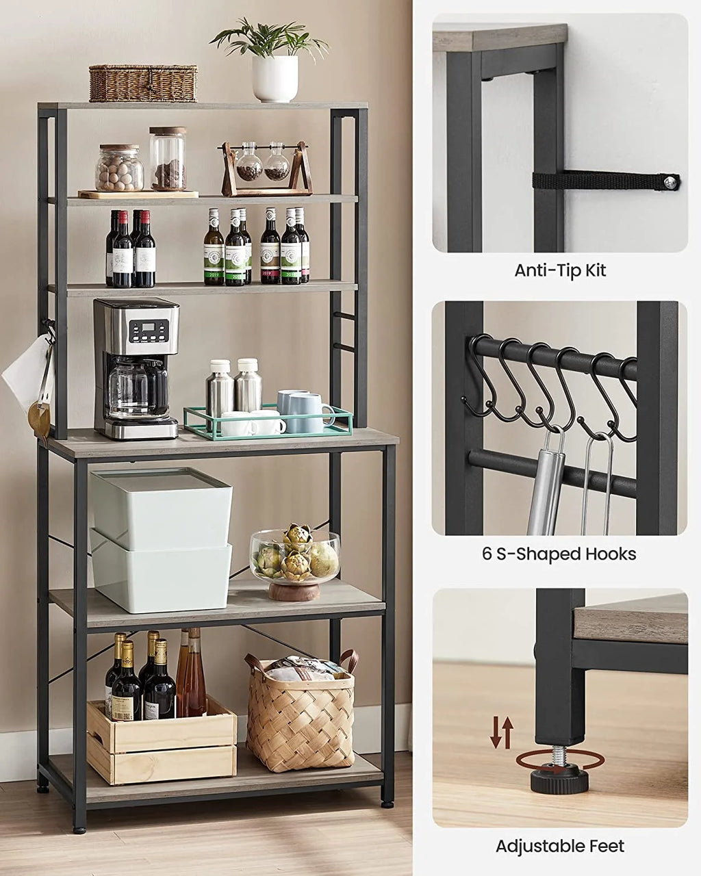 Coffee Bar with Storage, 6-Tier Kitchen Shelves with 6 Hooks, Greige and Black S276