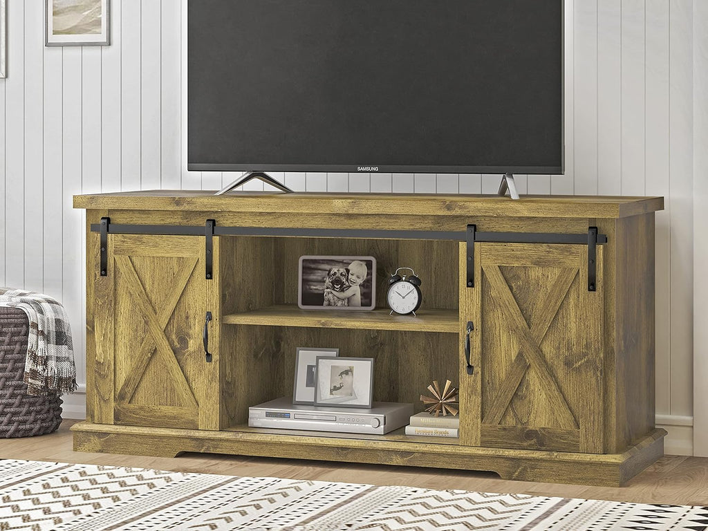 Rustic Wood TV Stand with Sliding Barn Door and Adjustable Shelves G37979