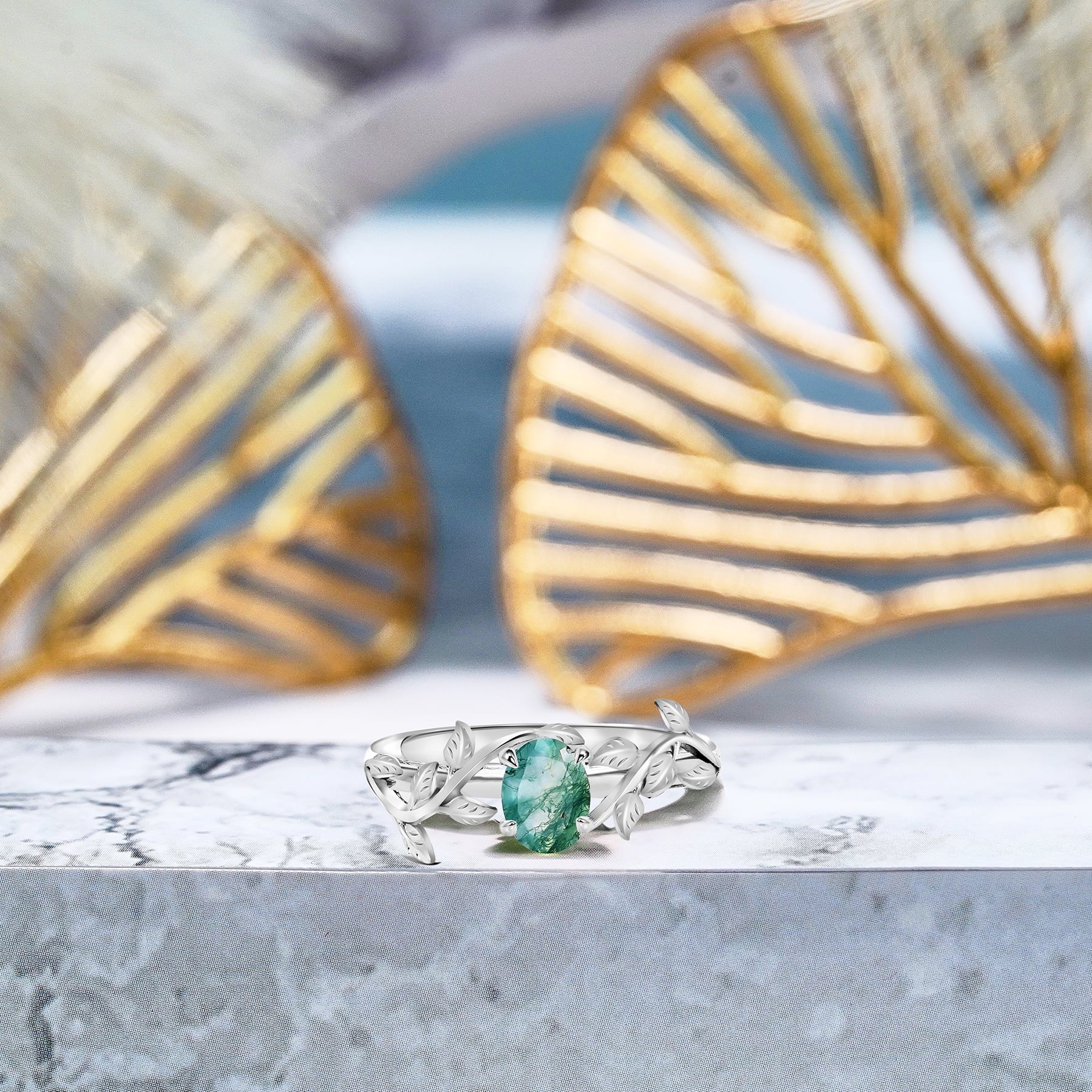 1.3 Carat Oval Shape Milky White Moss Green Agate Engagement Ring X82967