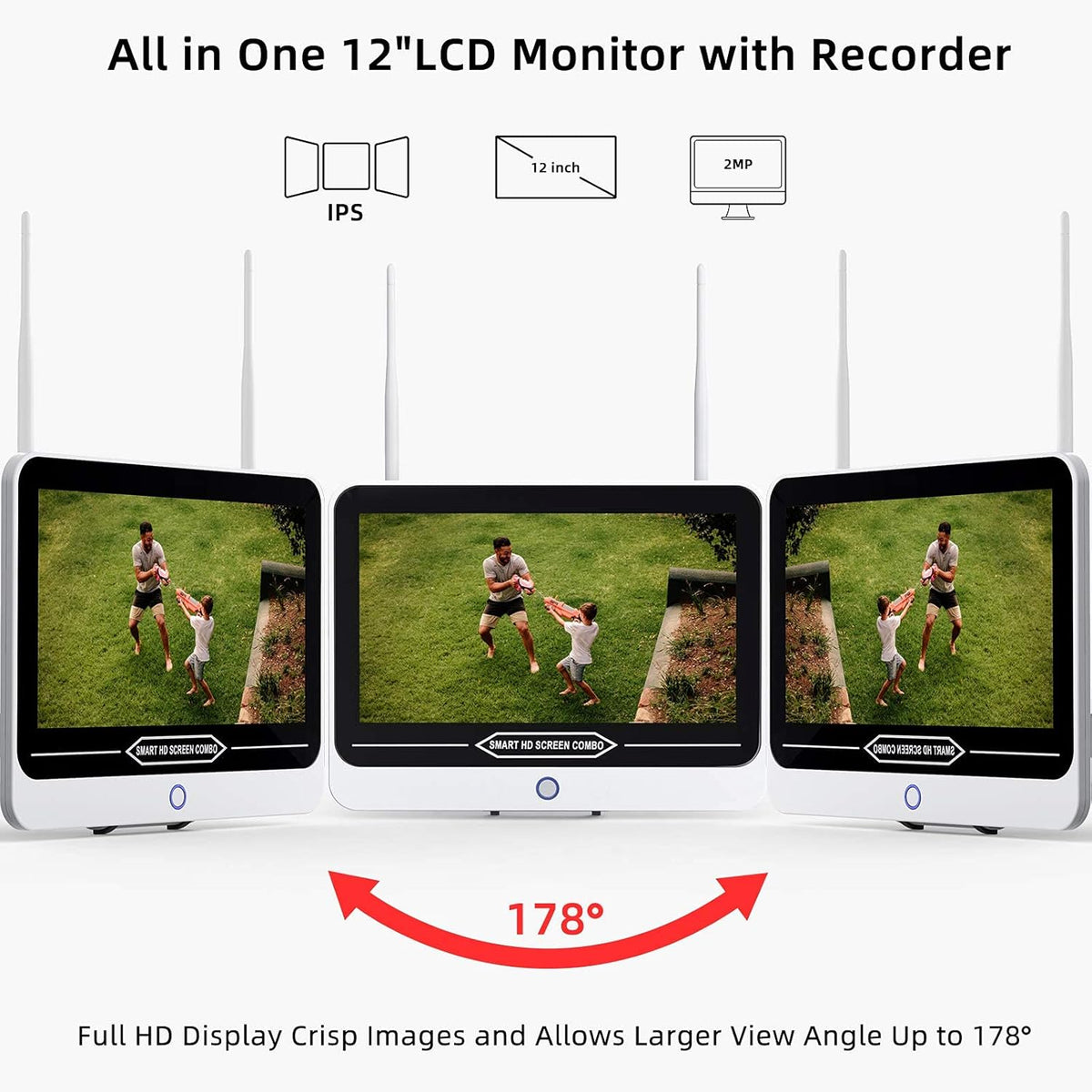 3MP Wireless Security Camera System with 12" Monitor, 8CH NVR Kit, 4Pcs Outdoor Indoor IP Cameras H237416