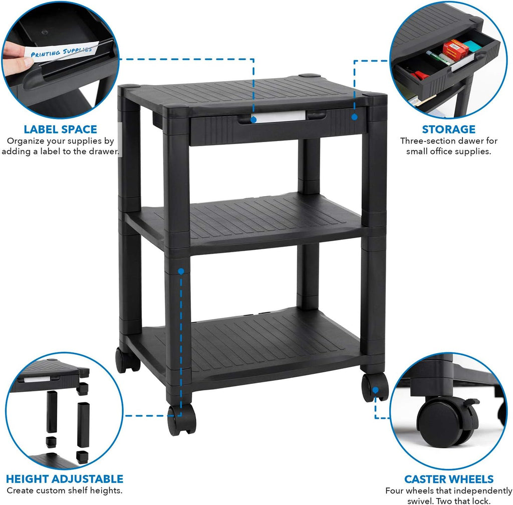 Black 3 Tier Rolling Printer Stand with Drawer D8452