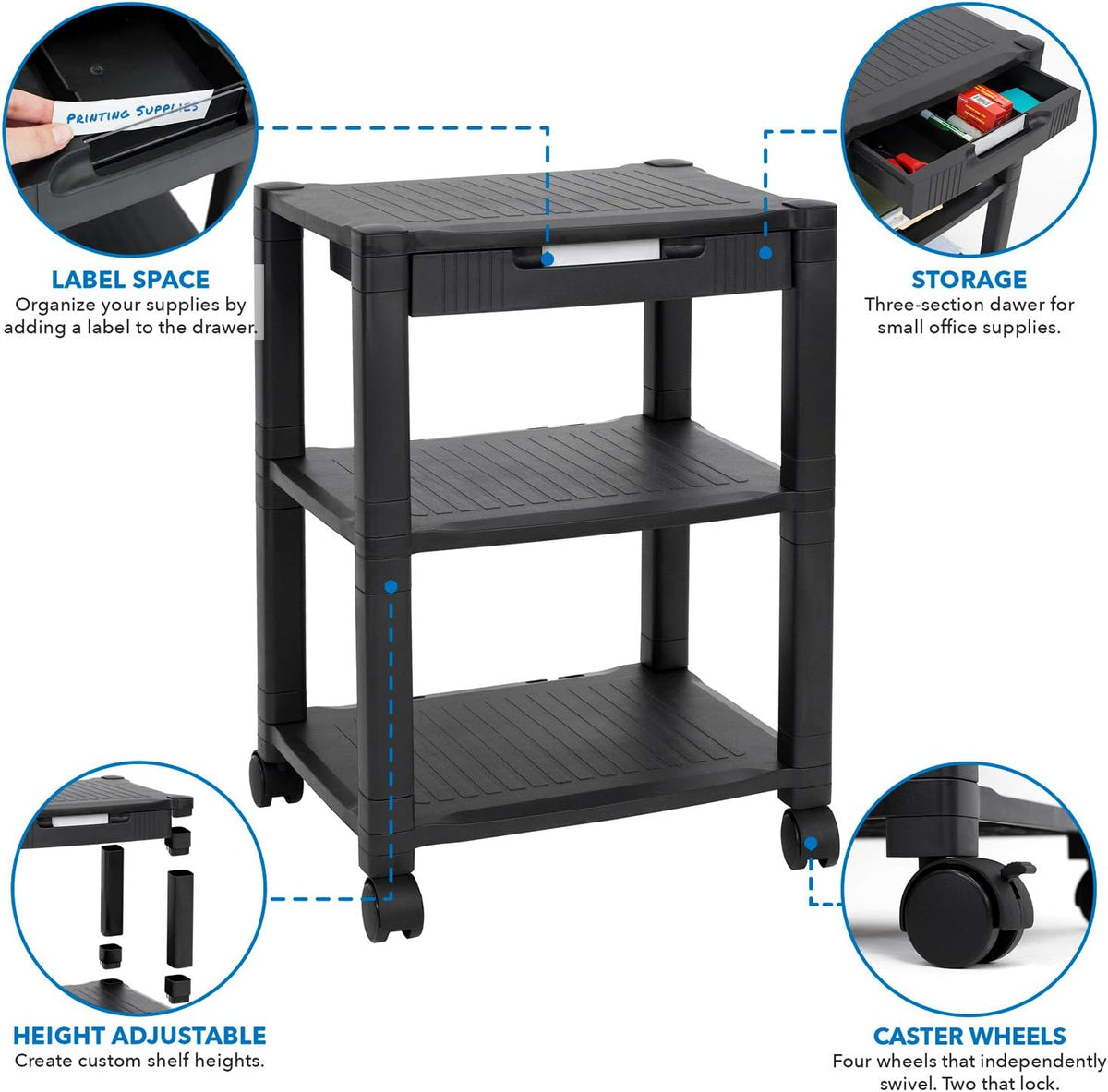 Black 3 Tier Rolling Printer Stand with Drawer D8452