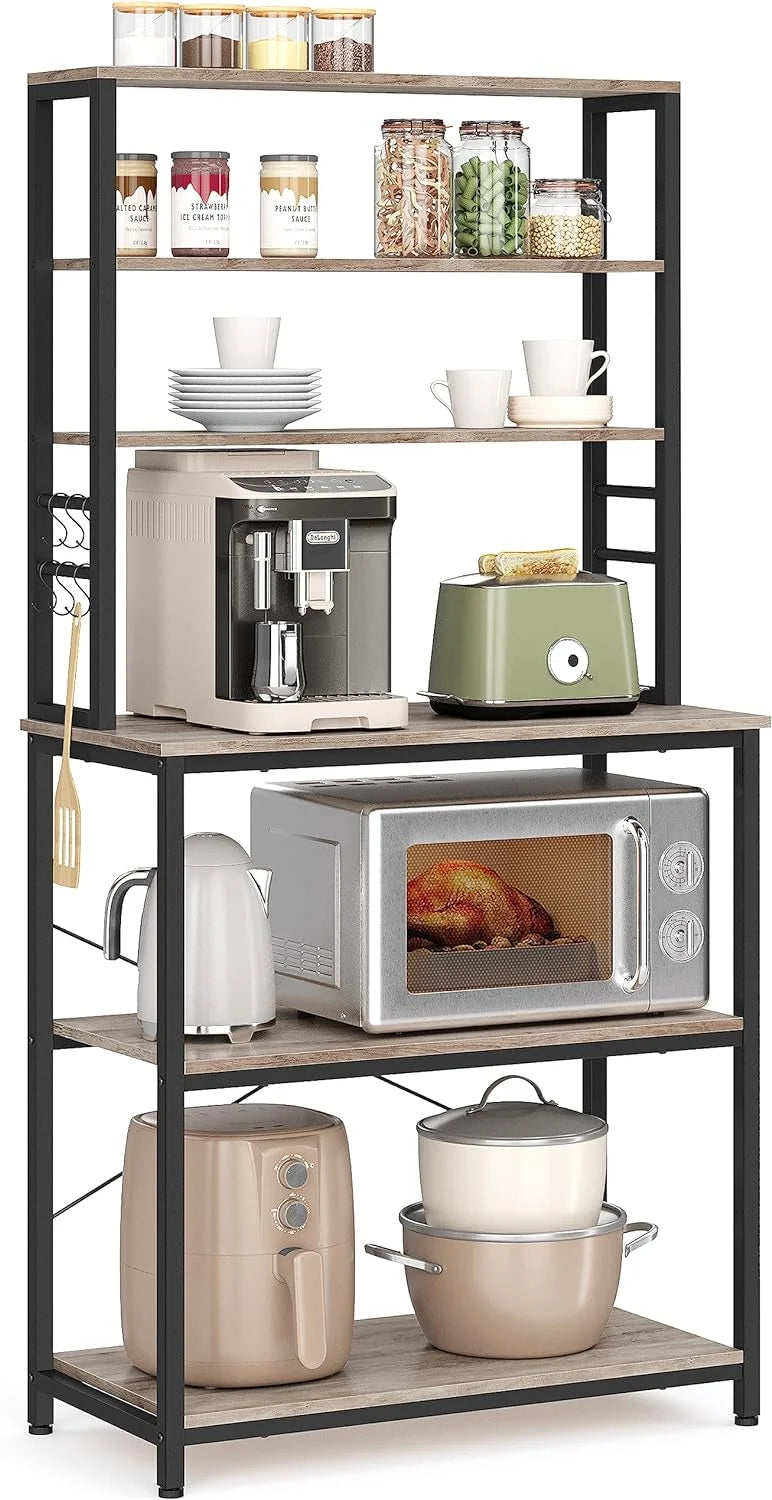 Coffee Bar with Storage, 6-Tier Kitchen Shelves with 6 Hooks, Greige and Black S276