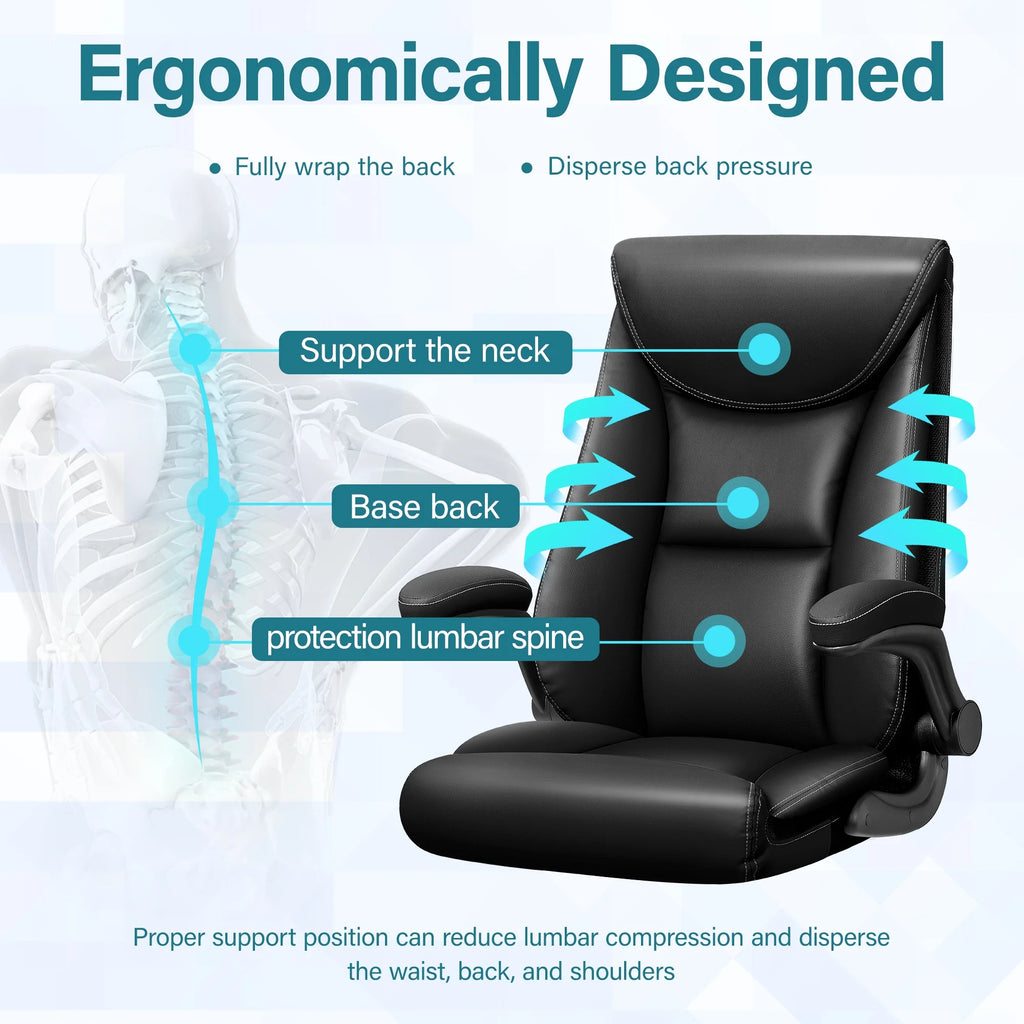 Black Leather Ergonomic Executive Office Chair with Adjustable Flip-Up Arms V195