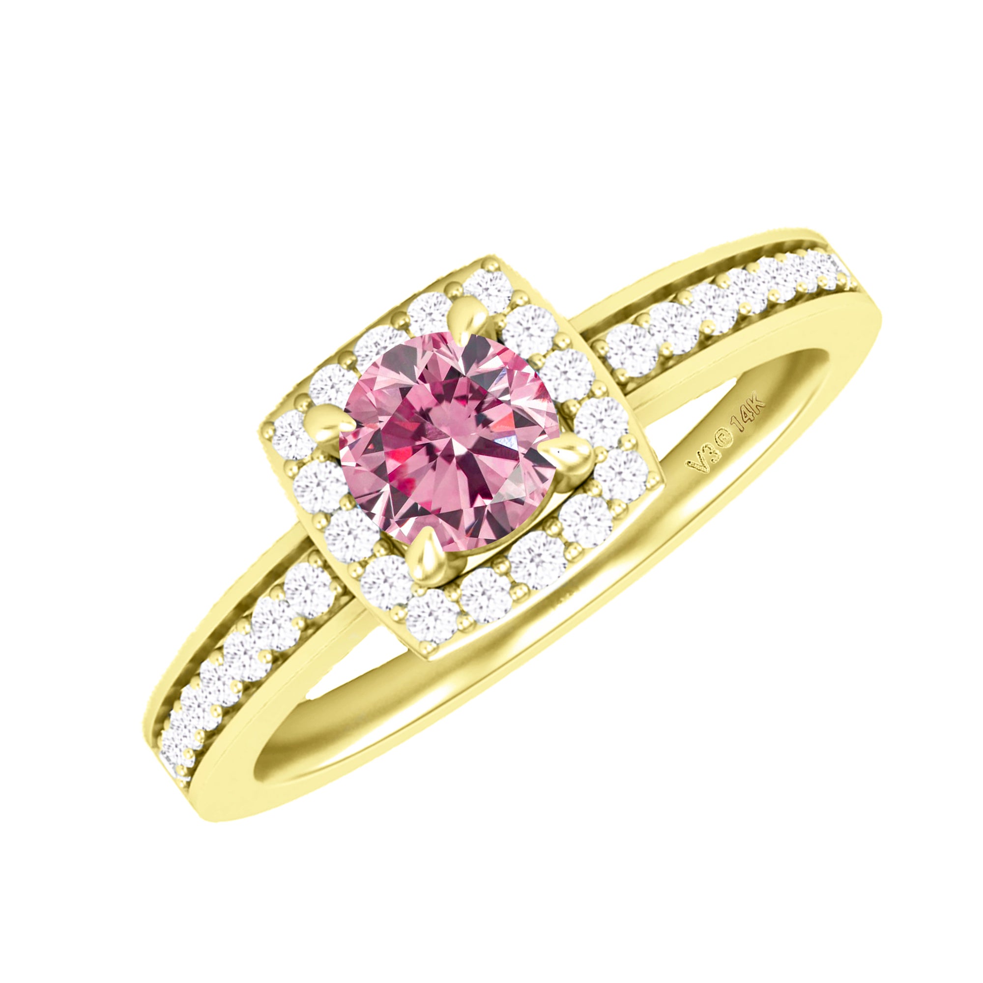 14KT Yellow Gold Pink Moissanite White Diamond Halo Ring S11658