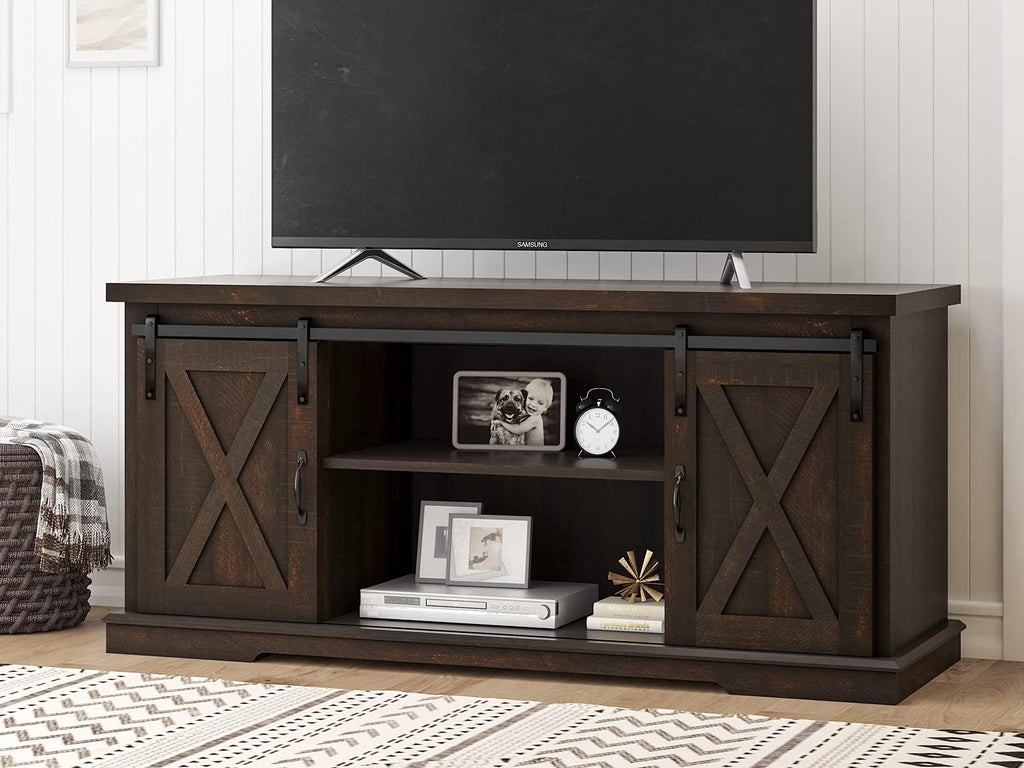 Rustic Wood TV Stand with Sliding Barn Door and Adjustable Shelves G37979