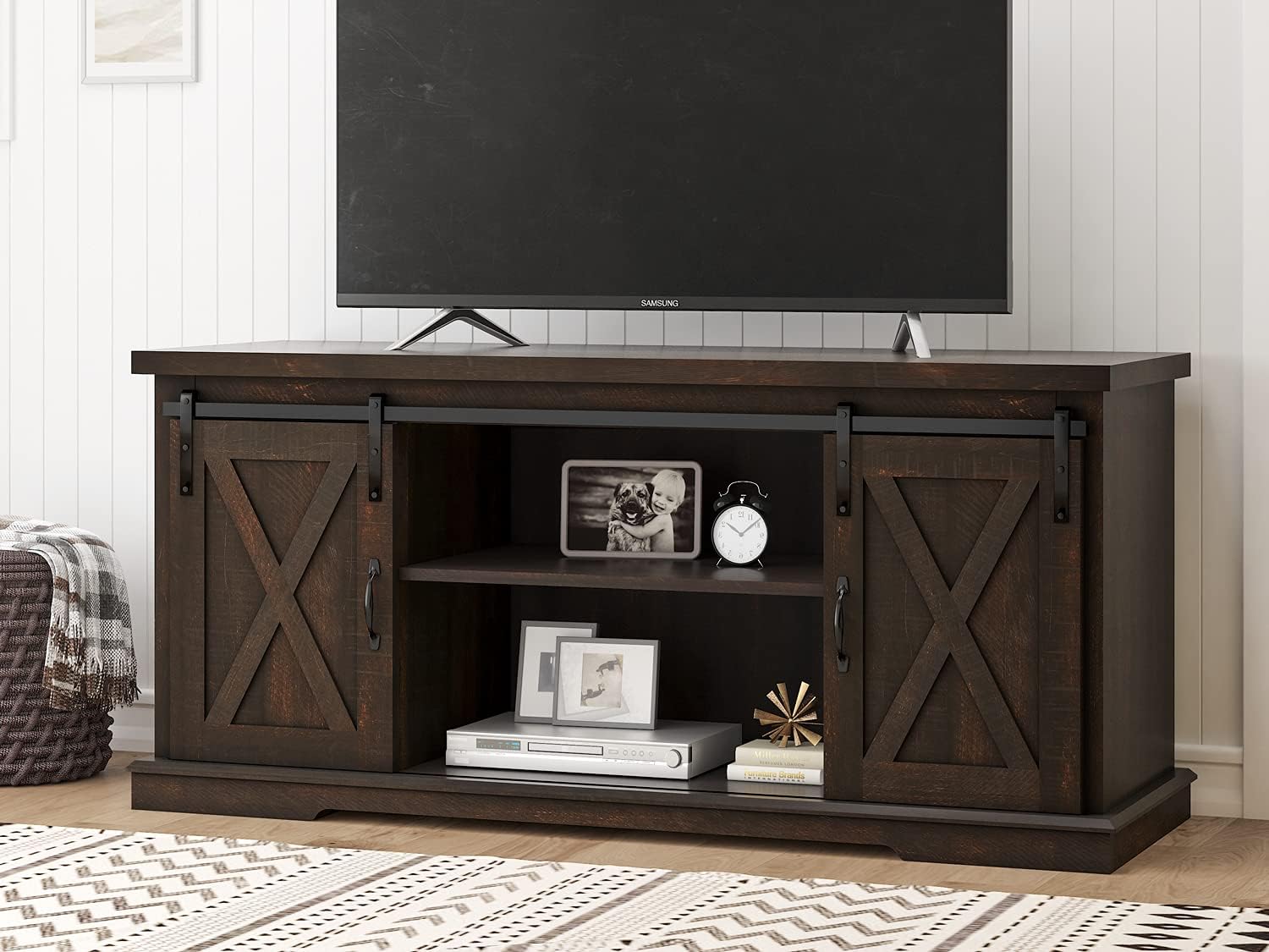 Rustic Wood TV Stand with Sliding Barn Door and Adjustable Shelves G37979