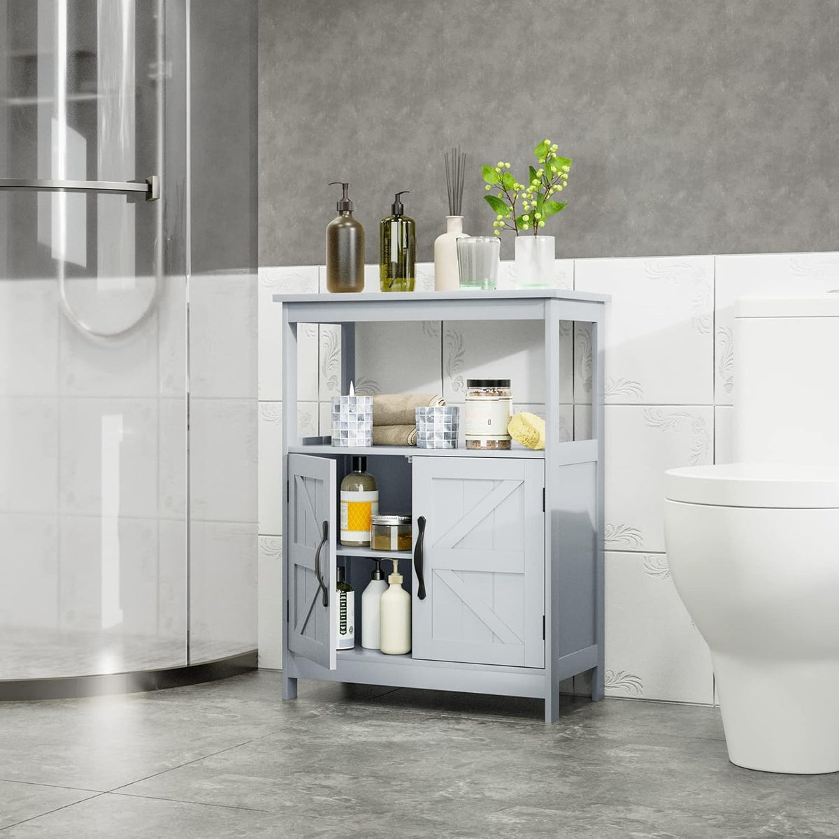 Gray Floor Cabinet with 2 Doors and Adjustable Shelf D565580