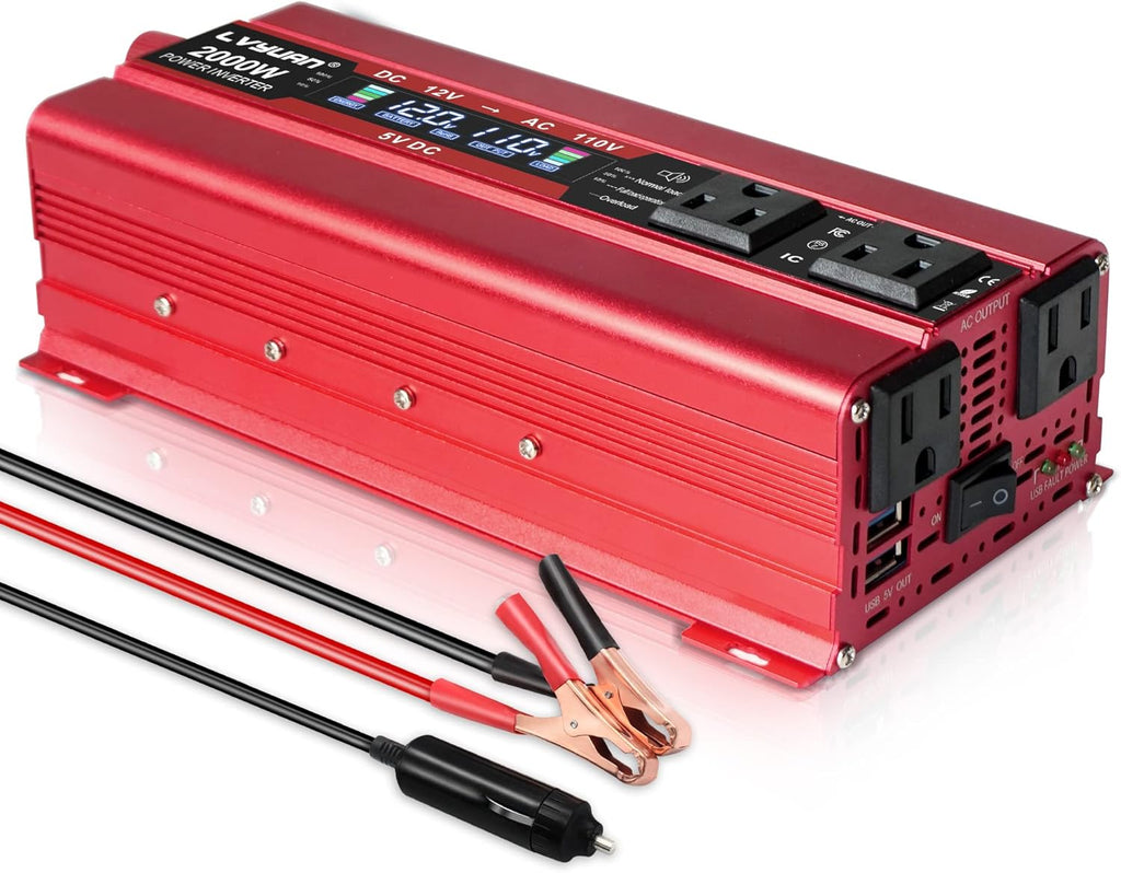1000W/2000W Peak Car Power Inverter DC 12V to 110V AC Converter with LCD Display Dual AC Outlets Dual USB, Pack of 2 O337343