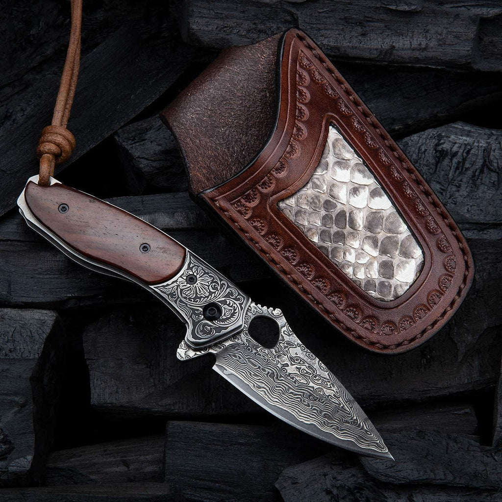 2.5in VG10 Damascus Steel Folding Pocket Knife with Rosewood Handle O14872