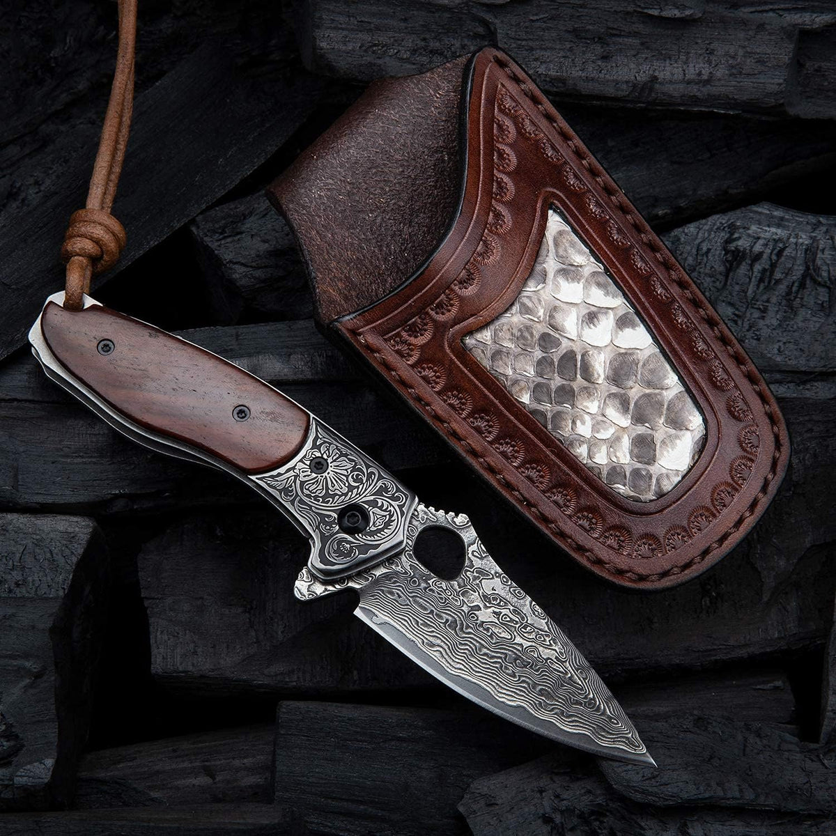 2.5in VG10 Damascus Steel Folding Pocket Knife with Rosewood Handle O14872