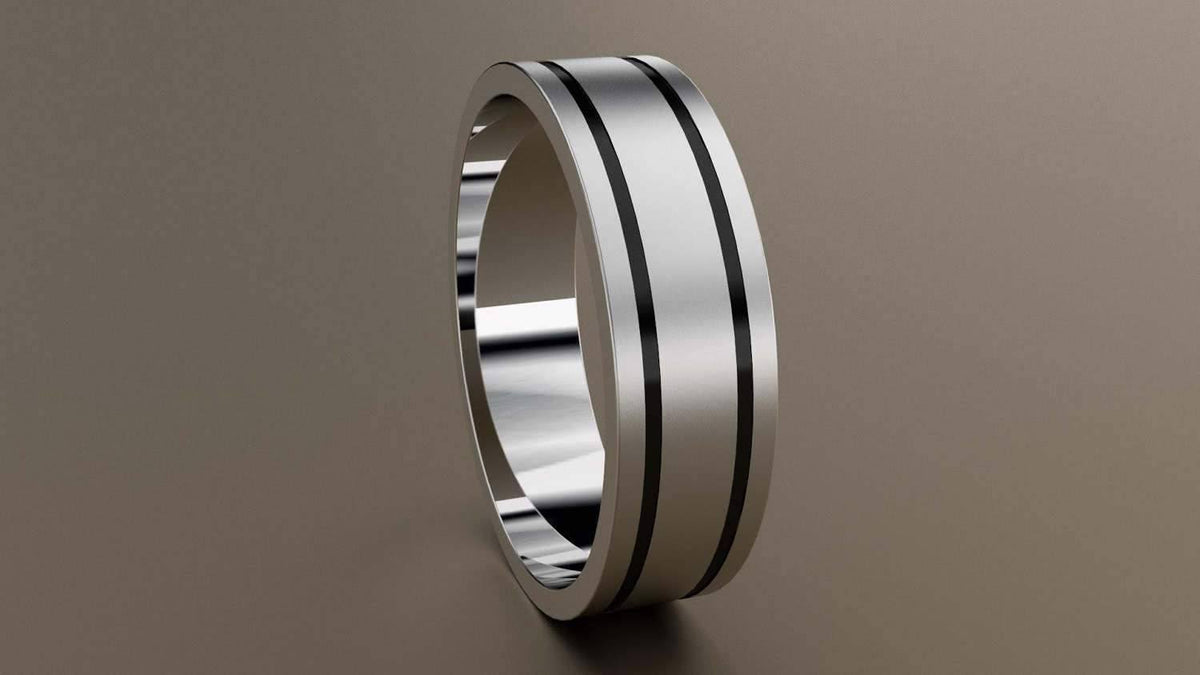 Brushed White Gold 6mm Double Black Groove Wedding Band U895