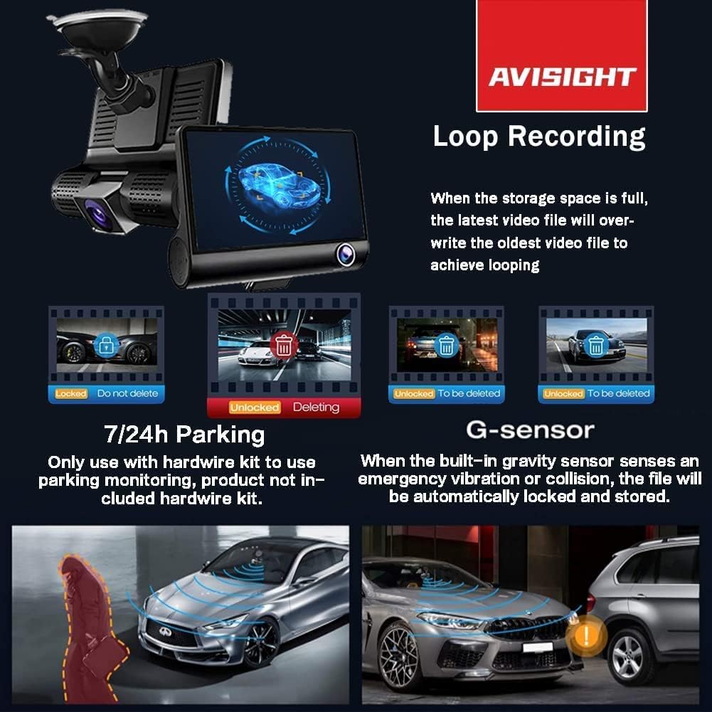 3 Channel Dash Cam Front Rear Inside 1080P Triple Dash Cam with Night Vision 170° Wide Angle T61730
