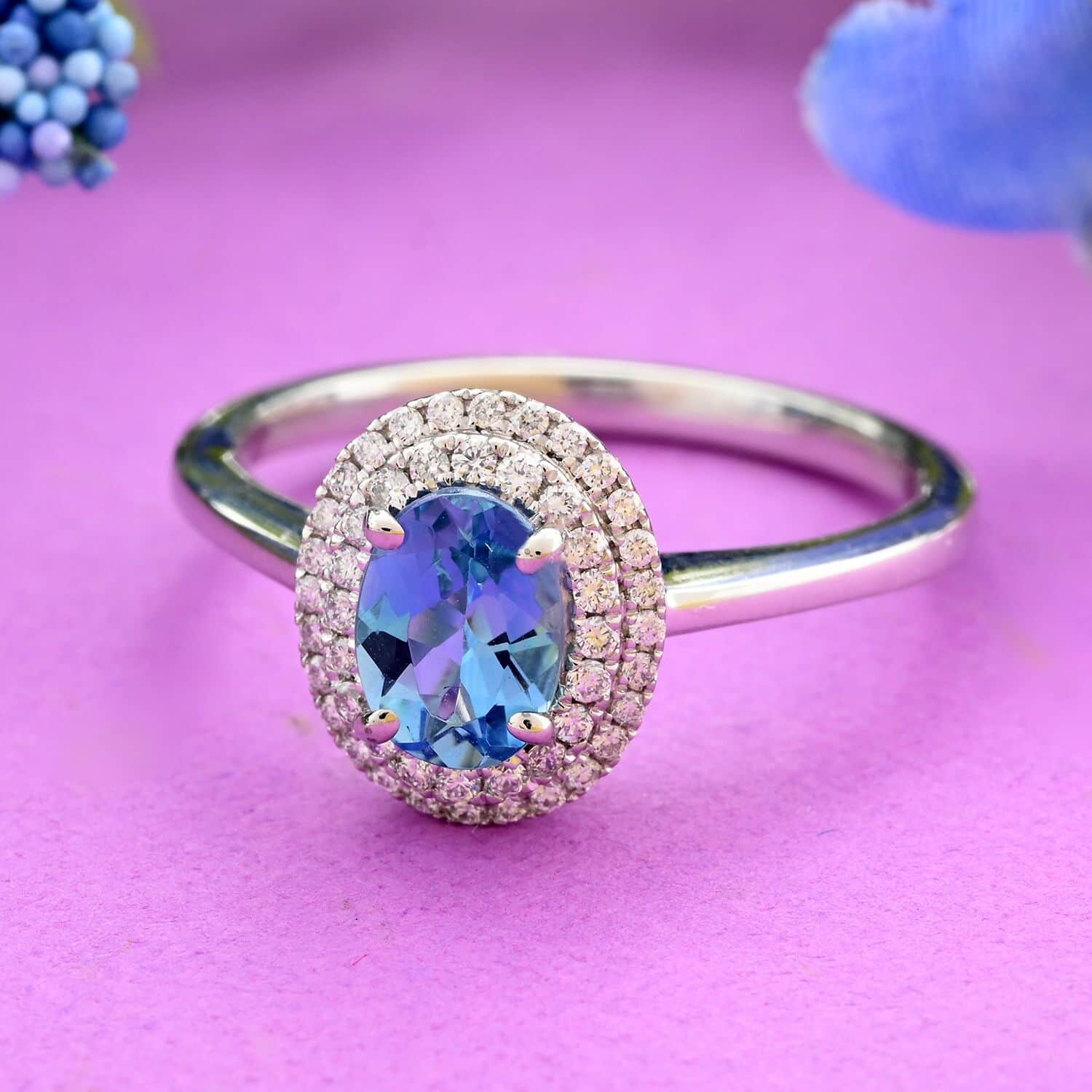 Blue Aquamarine White Diamond Oval 950 Platinum Halo Ring Size 10 Ct 0.86 E-F Color VS Clarity E879