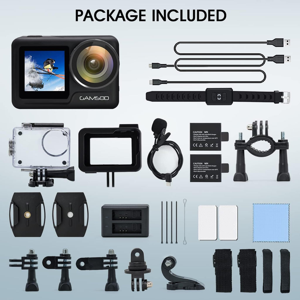 4K 60FPS Action Camera with Stabilization, 20MP WiFi Dual Screen Voice Remote Control 2 Batteries M4949