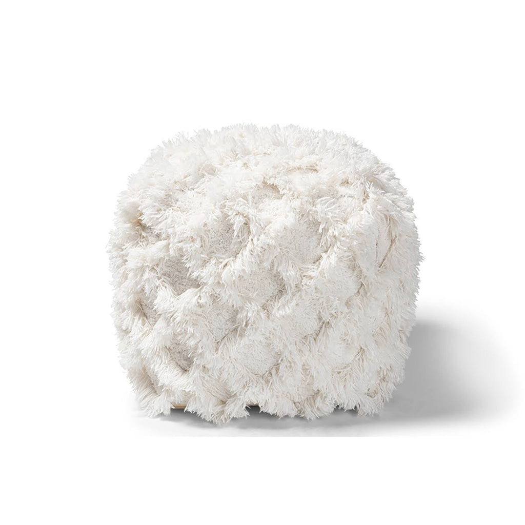 Ivory Handwoven Cotton Fringe Pouf Ottoman S5558