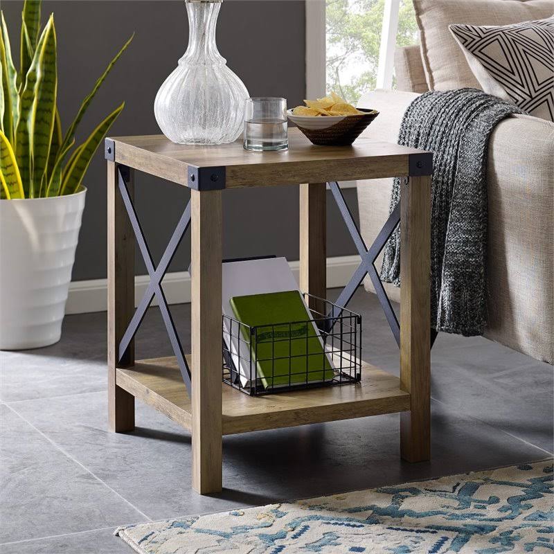 Rustic Oak Metal Side Table Y28412