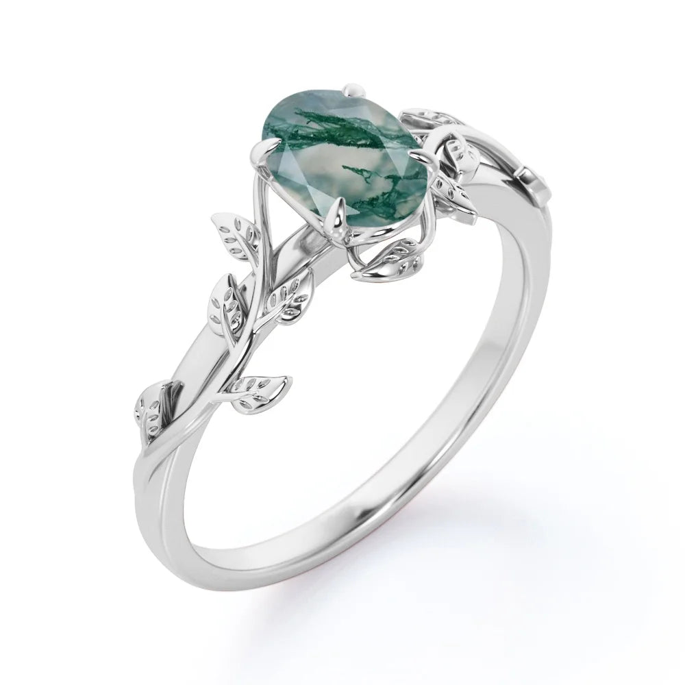 1.3 Carat Oval Shape Milky White Moss Green Agate Engagement Ring X82967