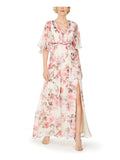 Ivory Ruched Floral Bell Sleeve V Neck Maxi Dress O663745