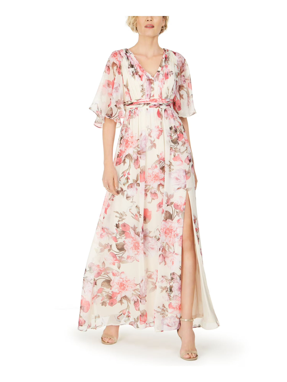 Ivory Ruched Floral Bell Sleeve V Neck Maxi Dress O663745