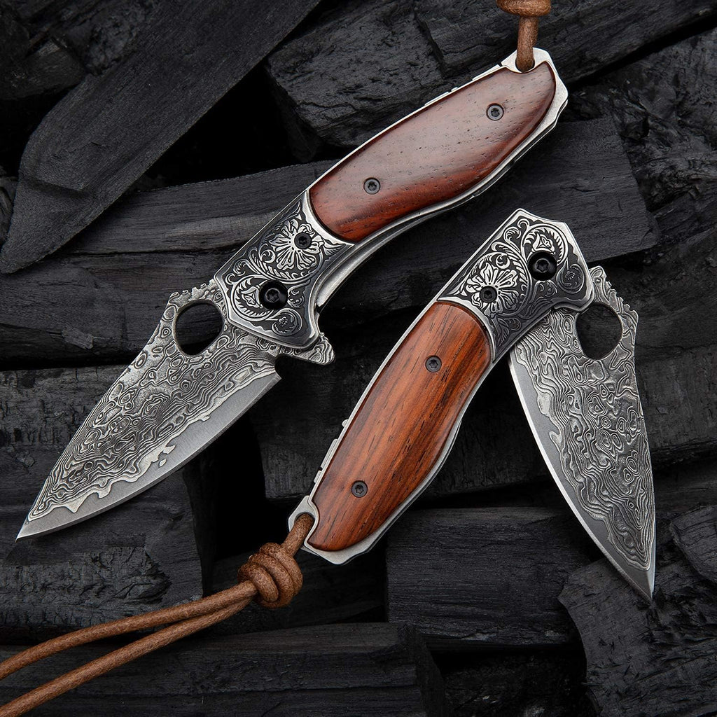 2.5in VG10 Damascus Steel Folding Pocket Knife with Rosewood Handle O14872