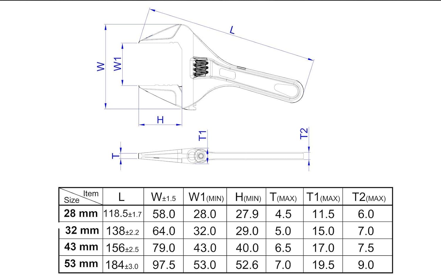Stubby Ultra Thin Adjustable Wrench, 53mm Wide Jaw Opening, Pack of 2 Z32382