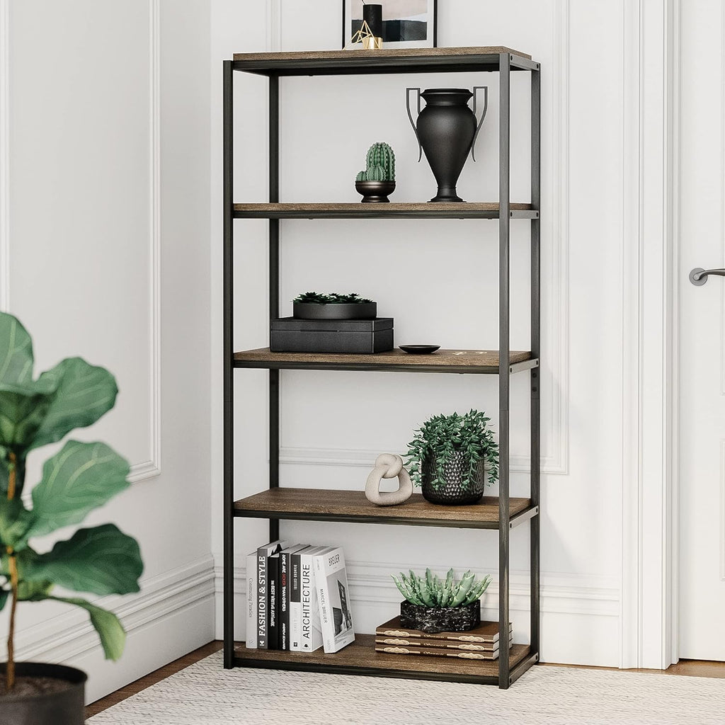 5-Shelf Bookcase with Metal Frame and Wood Shelves, Nutmeg/Black J729319