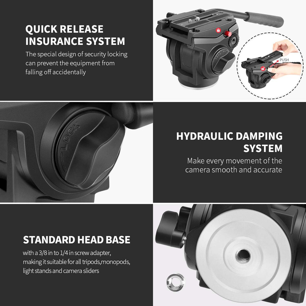 Metal Heavy Duty Video Camera Tripod Fluid Drag Pan Head with Sliding Plate, Pack of 2 I536