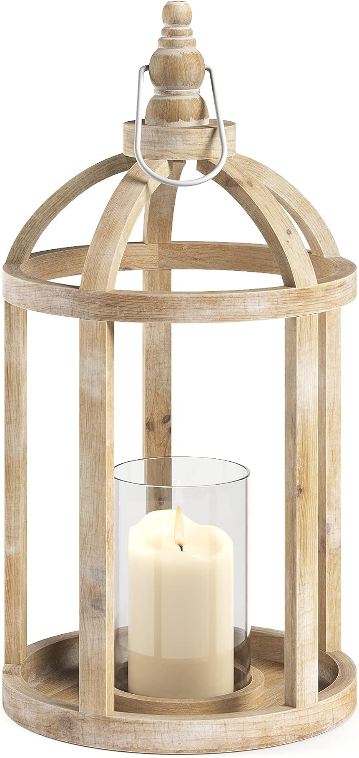 Large Whitewash Wooden Lantern Candle Holder A7042
